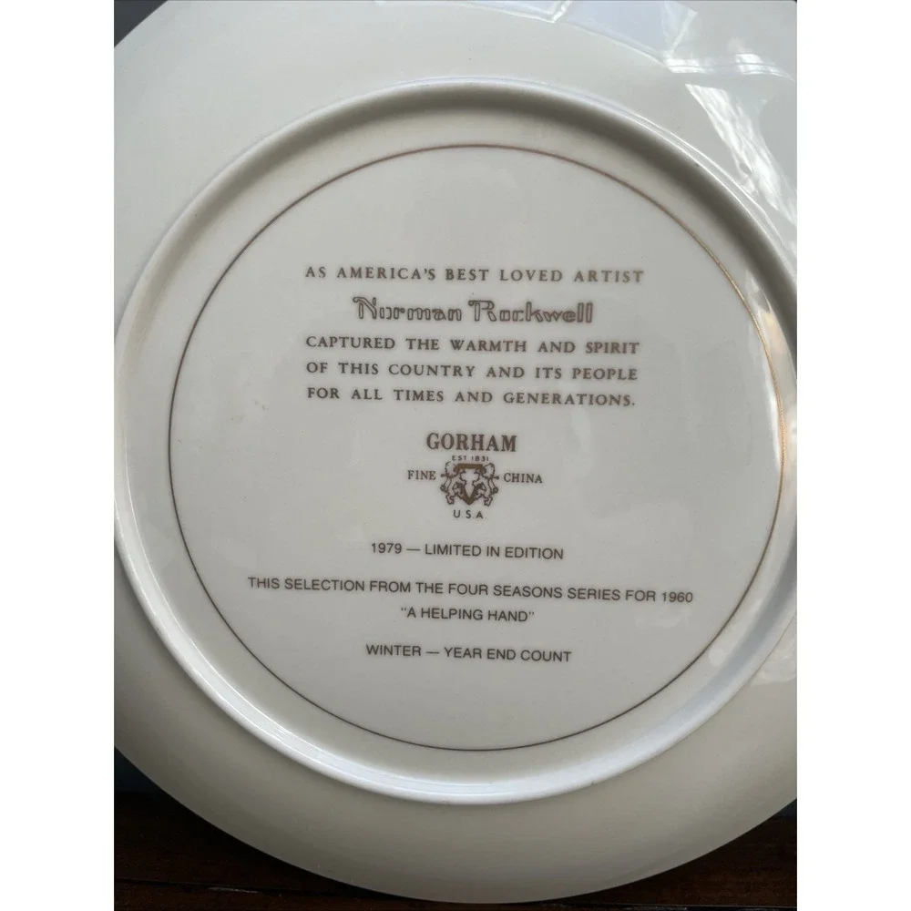 Vtg 1979 NORMAN ROCKWELL PLATES, A HELPING HAND FOUR SEASONS GORHAM CHINA 10.5